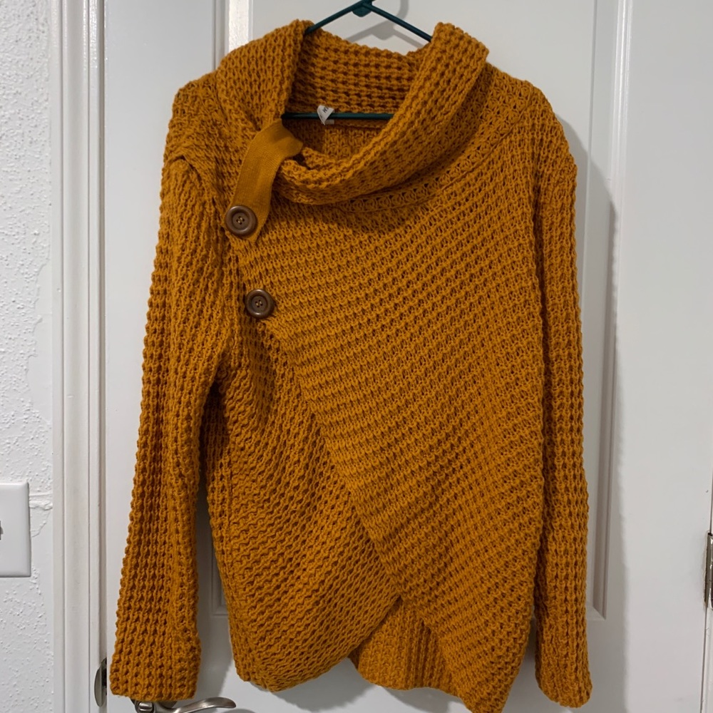 Button Draped Cowl Neck Sweater